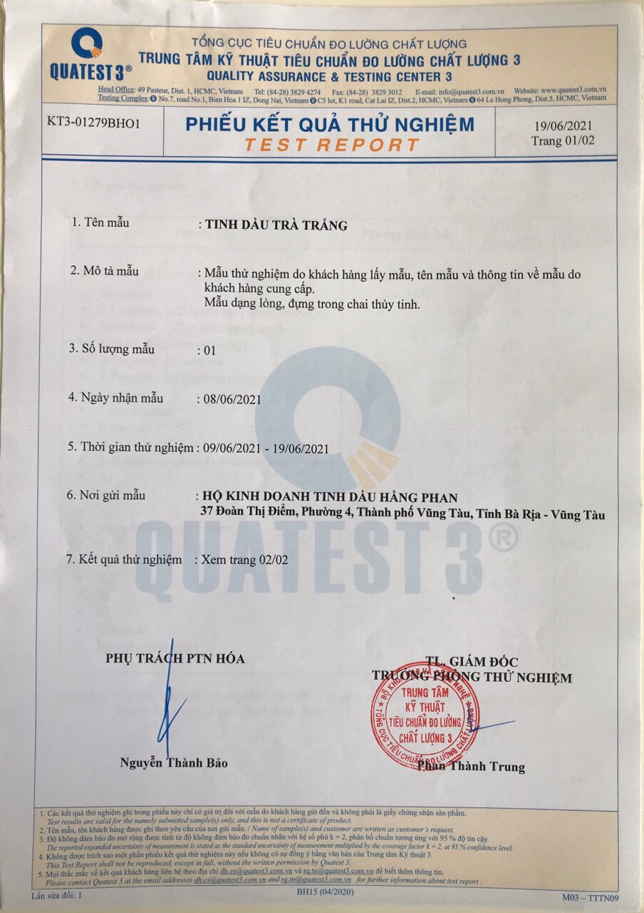 Tinh dầu Trà trắng (White Tea) 5 Kiểm định Quatest 3 Tinh dầu trà trắng Hằng Phan