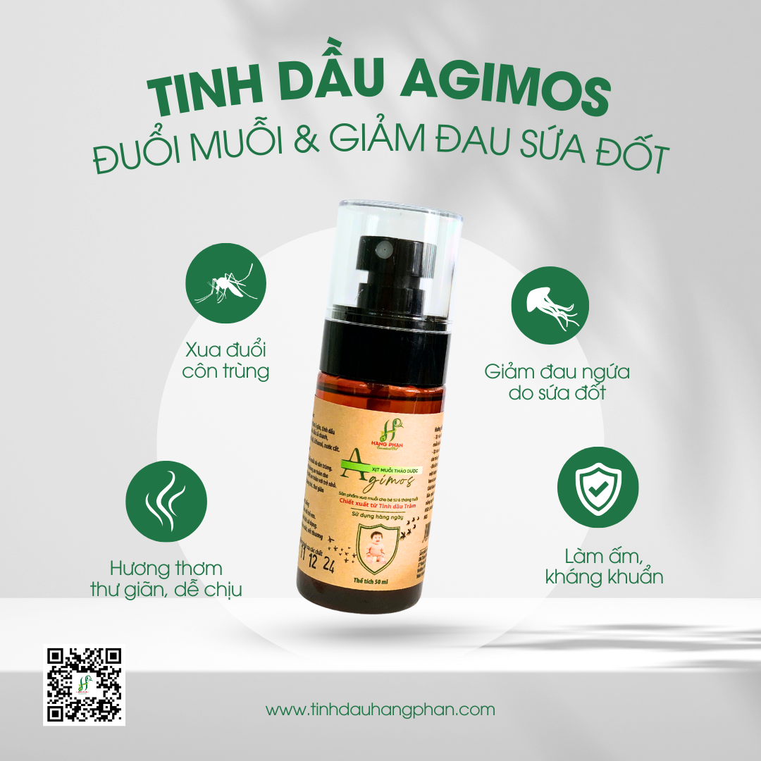Tinh dầu đuổi muỗi Agimos với các công dụng như xua đuổi côn trùng, tạo hương thơm dễ chịu, làm ấm/kháng khuẩn, giảm đau ngứa khi sứa đốt... 